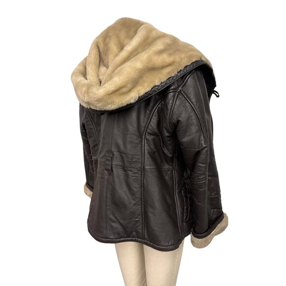 Vintage Womens Wilsons Leather Shearling Jacket Brown Small Hooded Fur Trimmed - Picture 10 of 14
